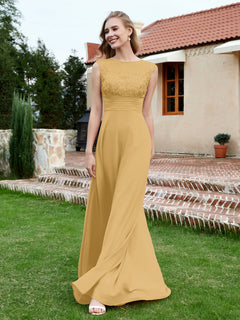 Chiffon And Lace Floor-length A-line Dress Gold