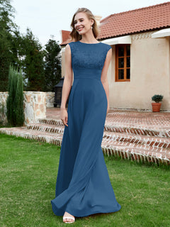 Chiffon And Lace Floor-length A-line Dress Ink Blue