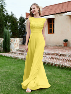 Chiffon And Lace Floor-length A-line Dress Lemon