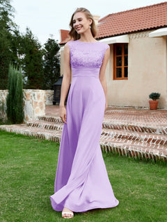 Chiffon And Lace Floor-length A-line Dress Lilac