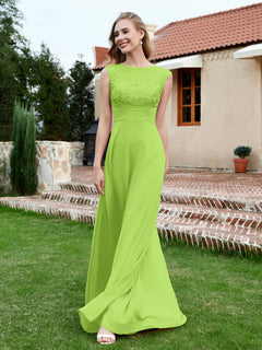 Chiffon And Lace Floor-length A-line Dress Lime Green