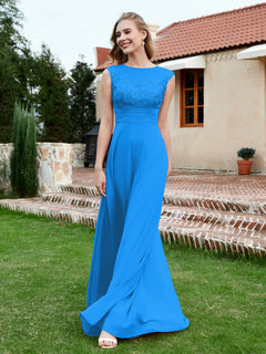 Chiffon And Lace Floor-length A-line Dress Ocean Blue
