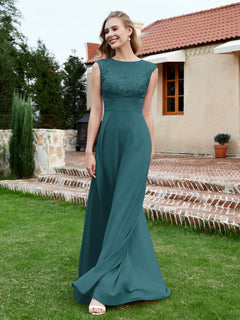 Chiffon And Lace Floor-length A-line Dress Peacock