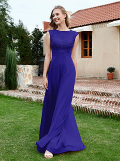 Chiffon And Lace Floor-length A-line Dress Royal Blue