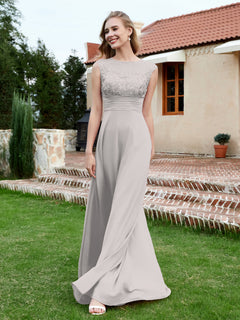Chiffon And Lace Floor-length A-line Dress Silver