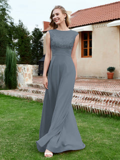 Chiffon And Lace Floor-length A-line Dress Slate Blue