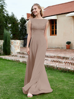 Chiffon And Lace Floor-length A-line Dress Taupe