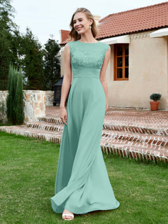 Chiffon And Lace Floor-length A-line Dress Turquoise