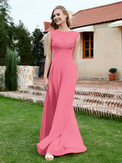 Chiffon And Lace Floor-length A-line Dress Watermelon