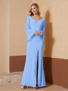 V-neck Sheath Column Chiffon Dress With Slit Blue