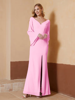 V-neck Sheath Column Chiffon Dress With Slit Candy Pink