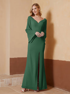 V-neck Sheath Column Chiffon Dress With Slit Dark Green