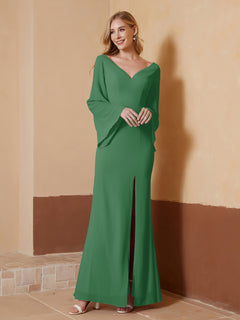V-neck Sheath Column Chiffon Dress With Slit Emerald