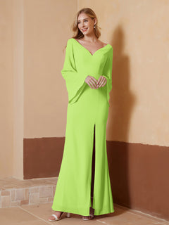 V-neck Sheath Column Chiffon Dress With Slit Lime Green