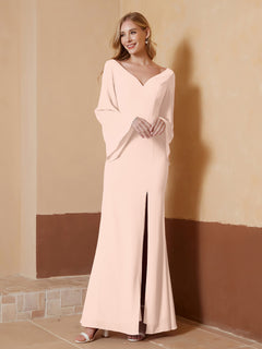 V-neck Sheath Column Chiffon Dress With Slit Pearl Pink