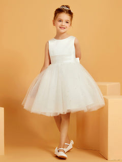 Sleeveless Knee-Length Tulle/Satin Flower Girl Dress