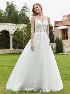 Appliqued Spaghetti Straps Tulle Lace Wedding Dress Ivory