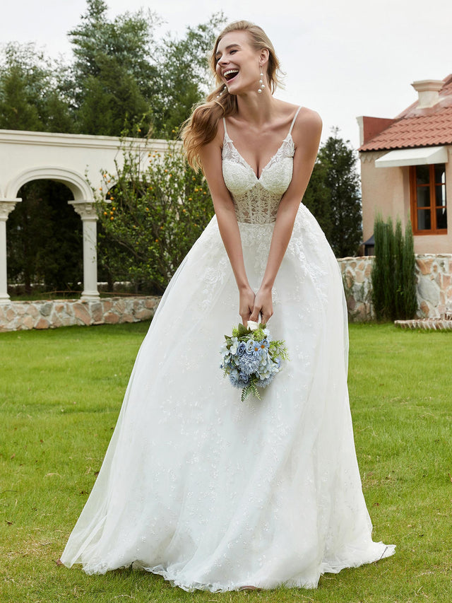Ivory Spaghetti Straps Wedding Dress Appliques Tulle Bridal Dress with Sweep Train main image 1