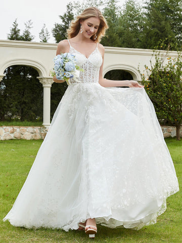 Light Champagne Applique Tulle Wedding Gown Spaghetti Straps Bridal Dress main image 1