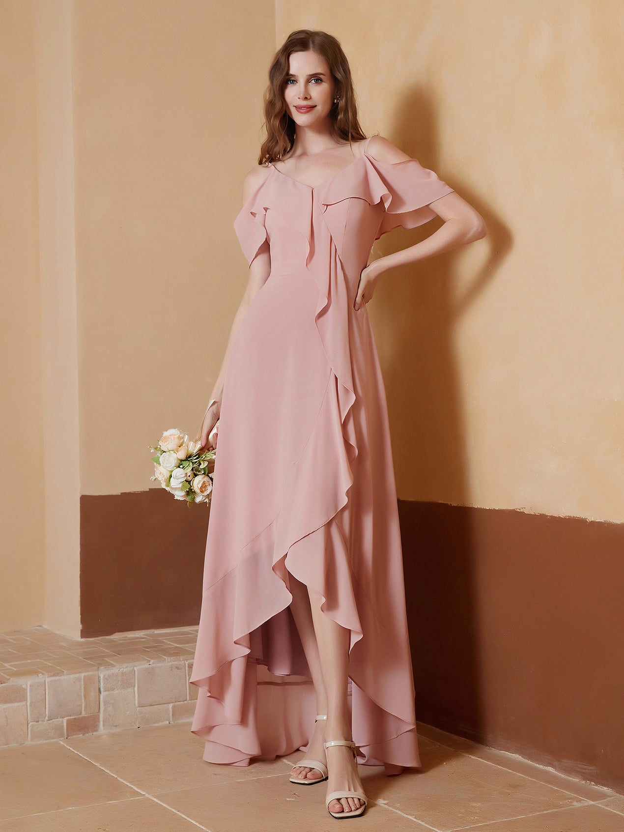 V-neck Lace A-Line Chiffon Asymmetrical Dress Dusty Rose