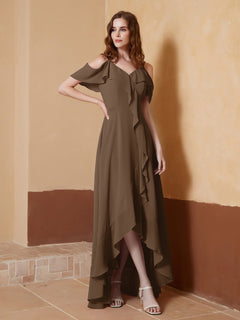 V-neck Off Shoulder Ruffles Asymmetrical Dress Brown