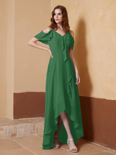 V-neck Off Shoulder Ruffles Asymmetrical Dress Emerald