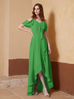 V-neck Off Shoulder Ruffles Asymmetrical Dress Green