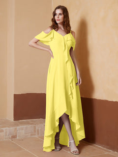 V-neck Off Shoulder Ruffles Asymmetrical Dress Lemon