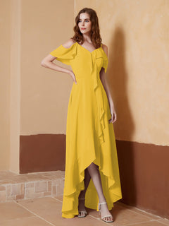 V-neck Off Shoulder Ruffles Asymmetrical Dress Marigold