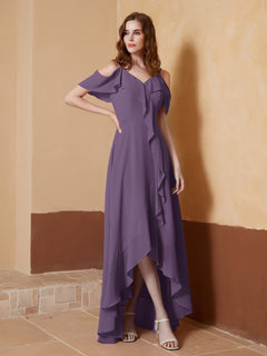 V-neck Off Shoulder Ruffles Asymmetrical Dress Plum