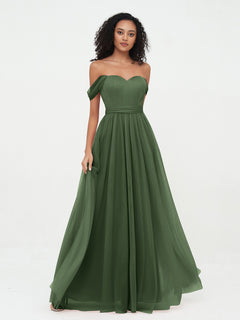 Princess Off Shoulder Tulle Dresses with Sash Bow-Olive Green