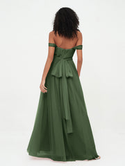 Princess Off Shoulder Tulle Dresses with Sash Bow-Olive Green Plus Size