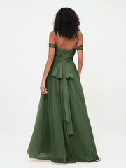Princess Off Shoulder Tulle Dresses with Sash Bow-Olive Green