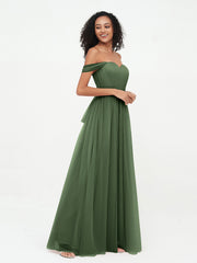 Princess Off Shoulder Tulle Dresses with Sash Bow-Olive Green