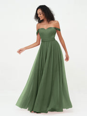 Princess Off Shoulder Tulle Dresses with Sash Bow-Olive Green