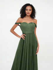 Princess Off Shoulder Tulle Dresses with Sash Bow-Olive Green