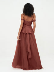 Princess Off Shoulder Tulle Dresses with Sash Bow-Terracotta
