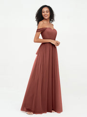 Princess Off Shoulder Tulle Dresses with Sash Bow-Terracotta