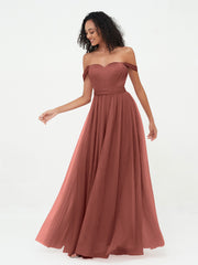 Princess Off Shoulder Tulle Dresses with Sash Bow-Terracotta