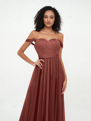 Princess Off Shoulder Tulle Dresses with Sash Bow-Terracotta