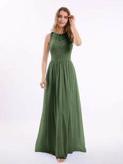 Lace And Chiffon Long Gown of Bridesmaids-Olive Green