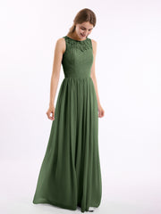 Lace And Chiffon Long Gown of Bridesmaids-Olive Green