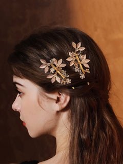 Alloy Diamond-Inlaid Golden Leaf Hair Clip 2 Pcs