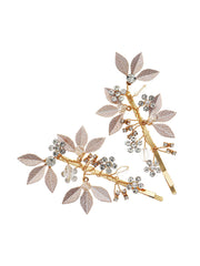 Alloy Diamond-Inlaid Golden Leaf Hair Clip 2 Pcs