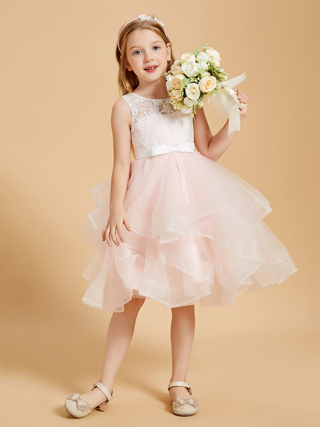 knee length pink tulle dress BABARONI Flower Girl alextest:Oxford Shirt