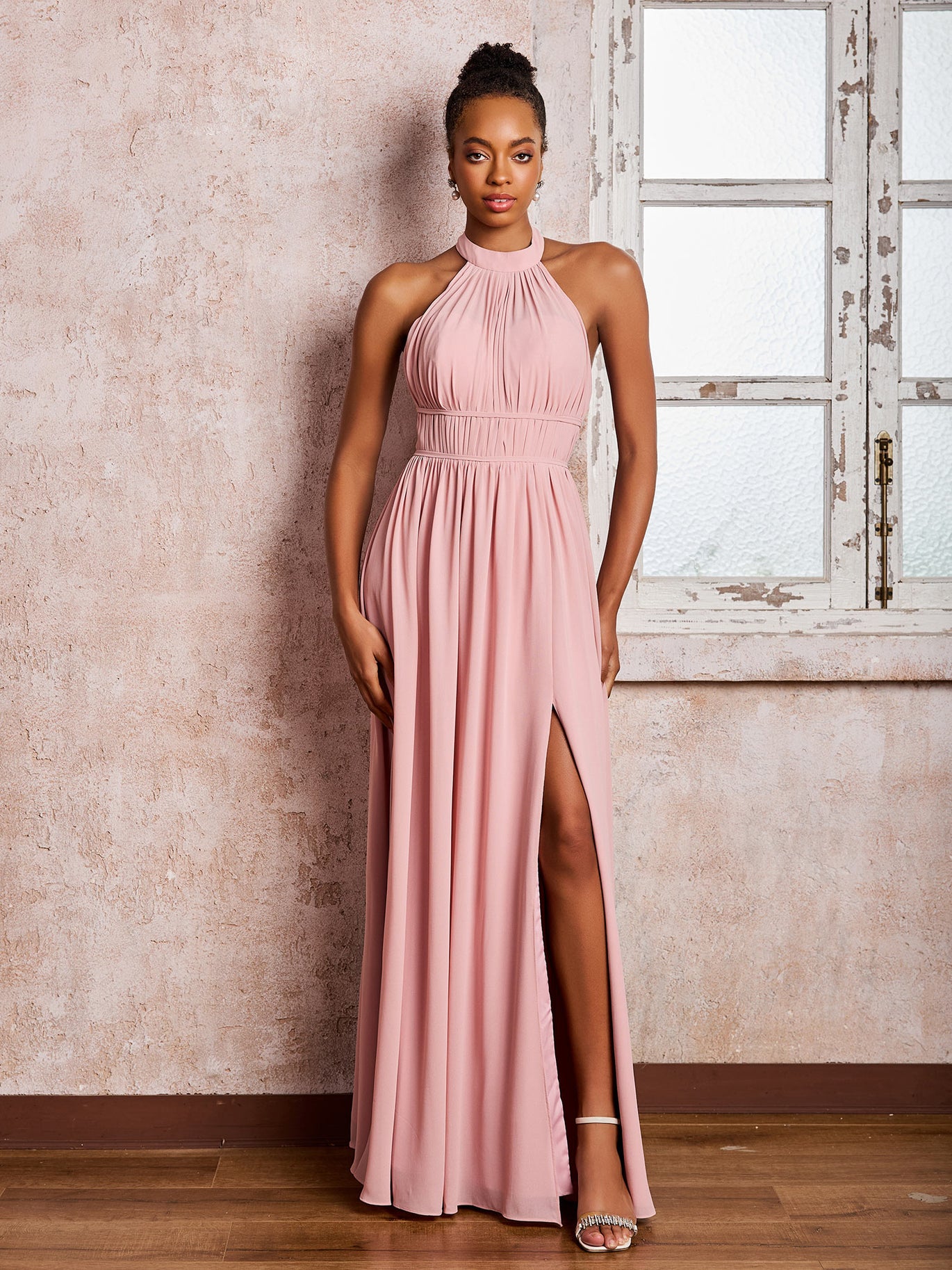 BABARONI Ruched Halter Chiffon Maxi Dresses with Slit Dusty Rose, Dusty Rose / US0 BABARONI Ruched Halter Chiffon Maxi Dresses with Slit Dusty Rose, Dusty Rose / US0