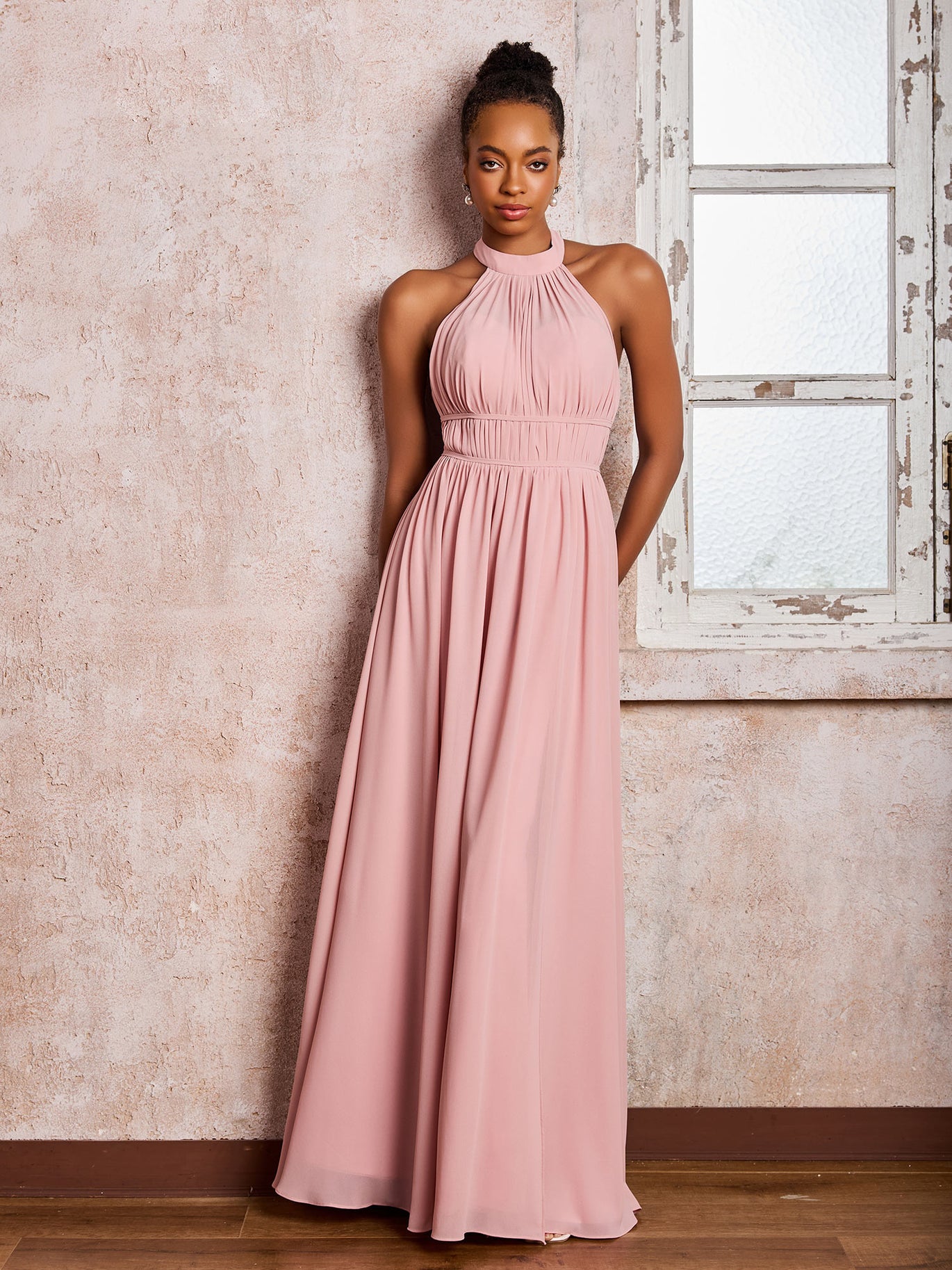 halter bridesmaid dresses BABARONI BABARONI Chiffon Silver Bridesmaid Dresses Halter Floor-length Sleeveless Ruched with Slit Bow A-line, Silver / US0