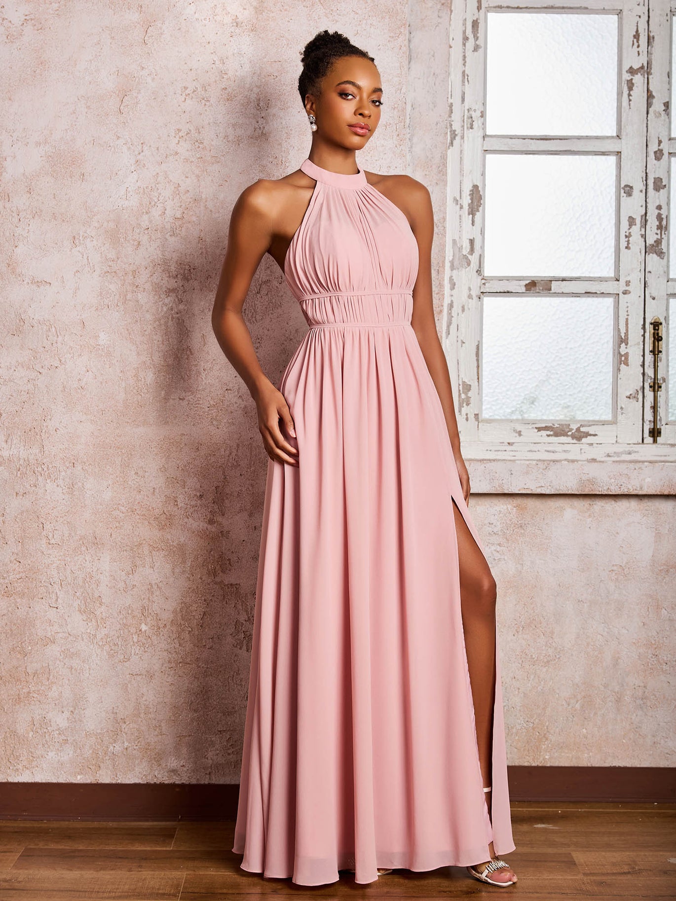 BABARONI Ruched Halter Chiffon Maxi Dresses with Slit Wisteria, Wisteria / US0 BABARONI Ruched Halter Chiffon Maxi Dresses with Slit Wisteria, Wisteria / US0