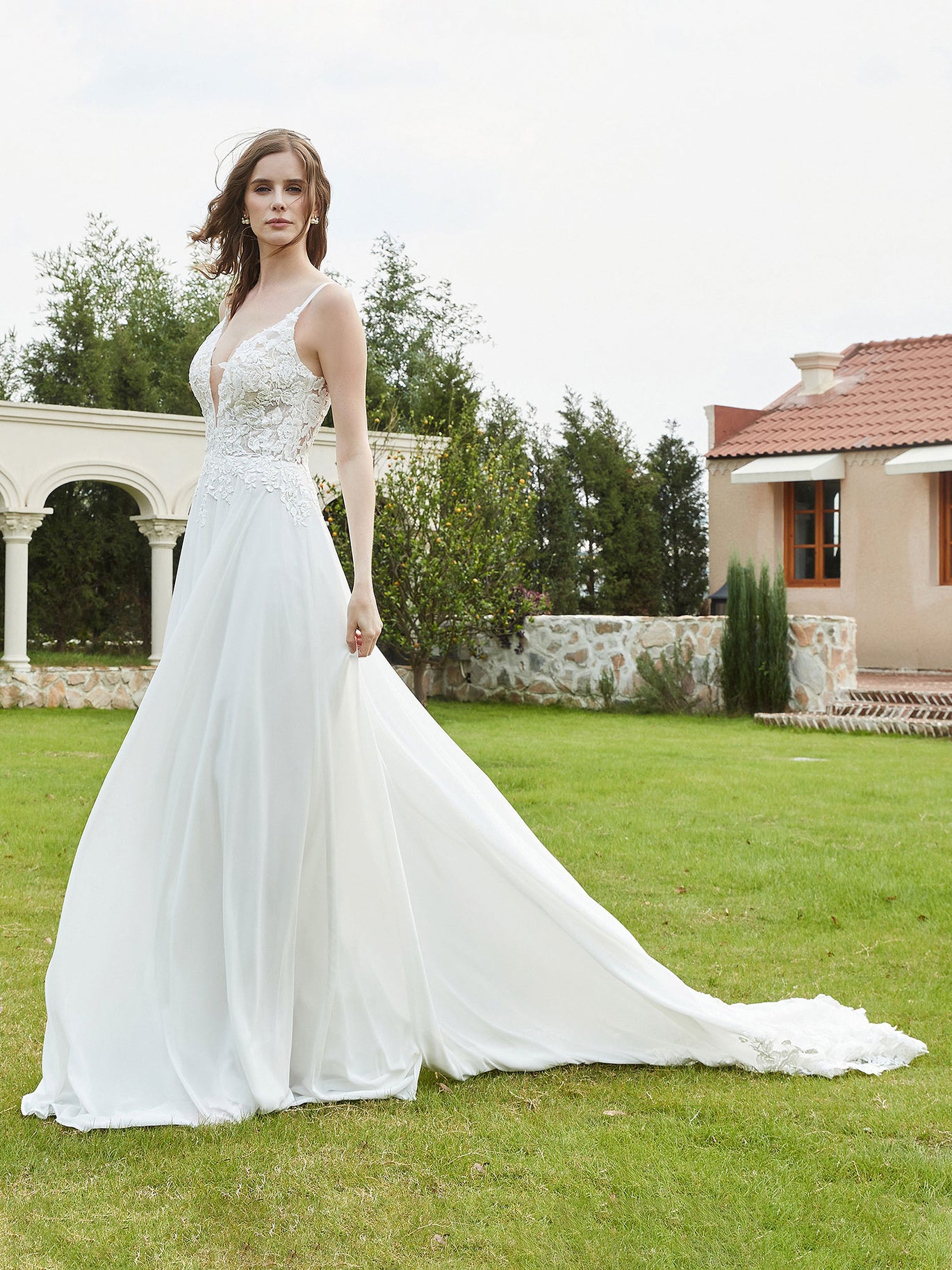 slim fit dress slacks BABARONI Plunging V-Neck Appliqued A-Line Wedding Gown White, White / US0