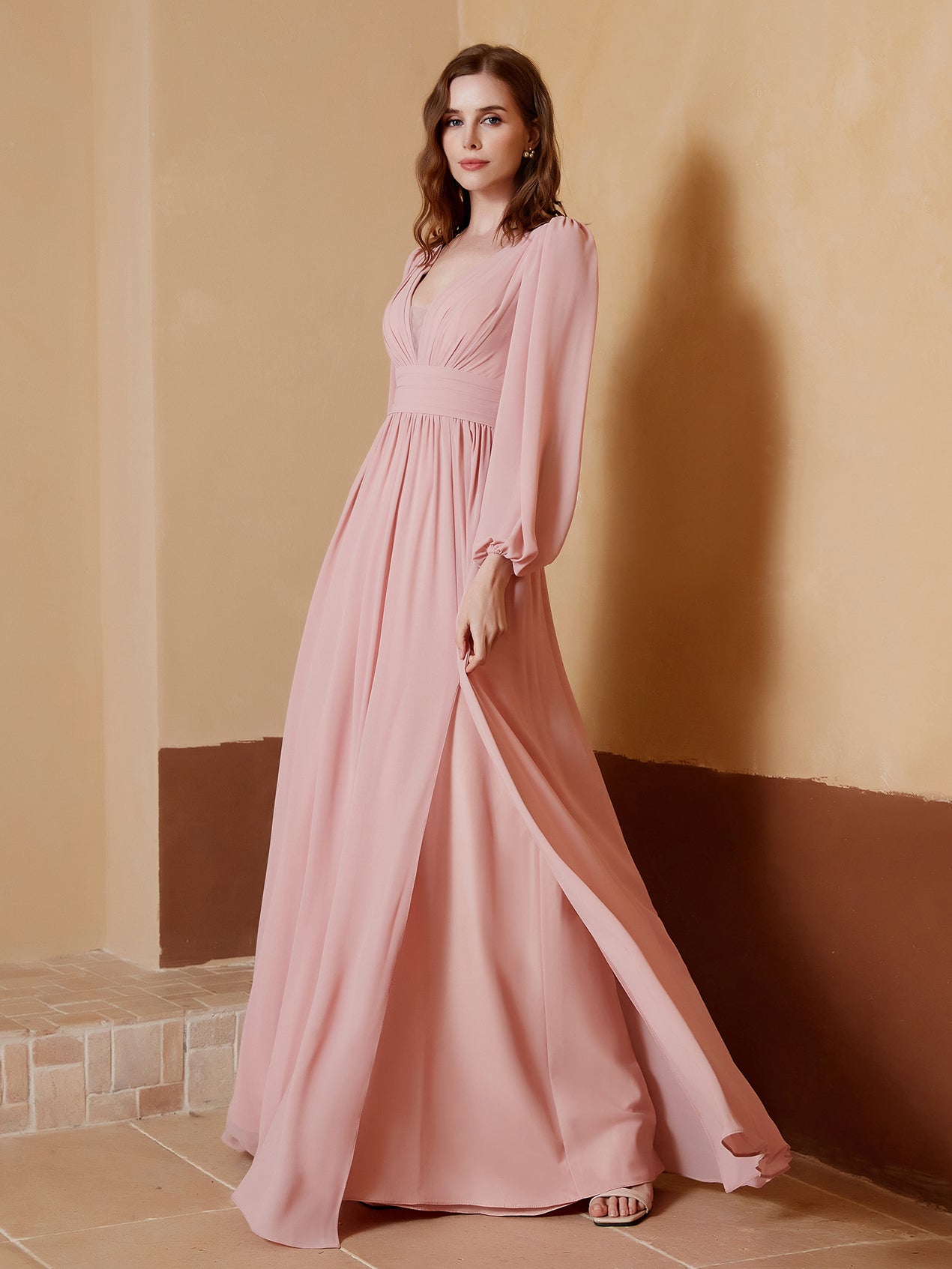 V-neck Floor-length Sheath Dress with Slit Dusty Blue